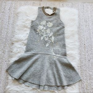Sleeveless Gray Floral Knit Dress with Gold Accents
